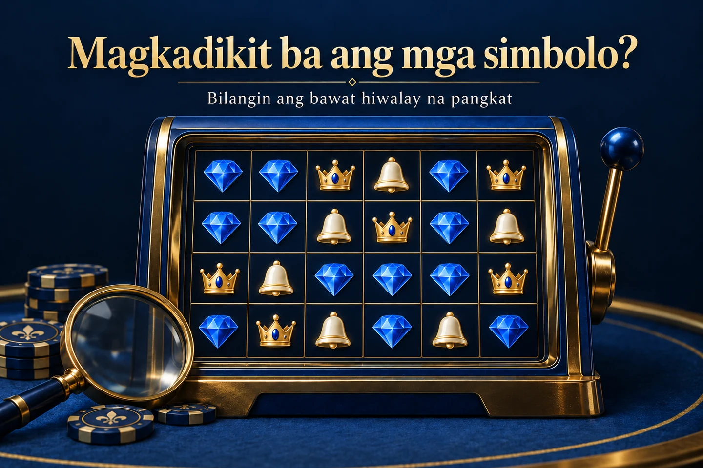 Faux navy and gold grid-slot cabinet with interlocking and separate sapphire symbols.