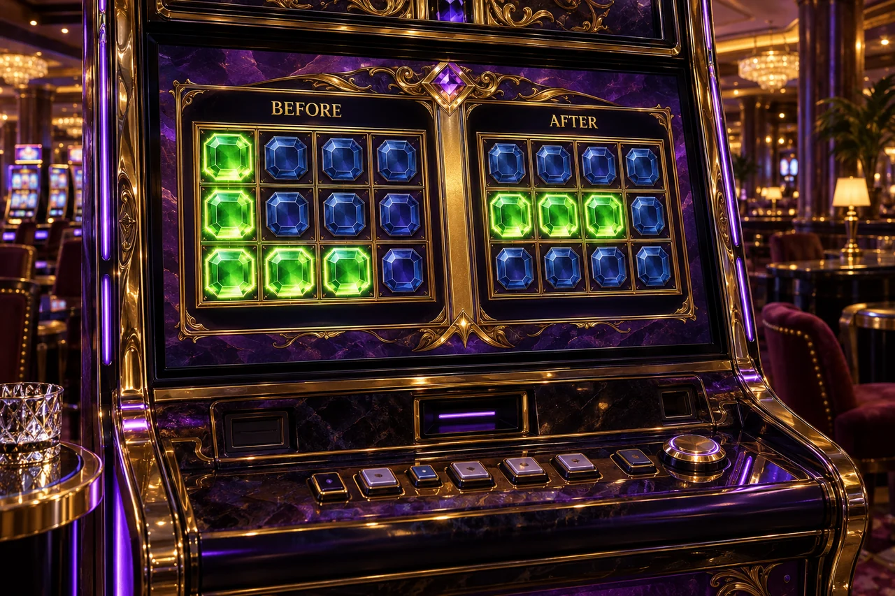 Cascade slot cabinet presents distinct before and after grid illustrations with five and three green gems.