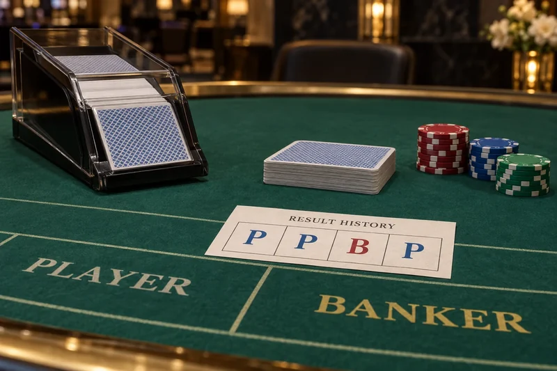 A baccarat card shoe and a result-history note marked P, P, B, P.