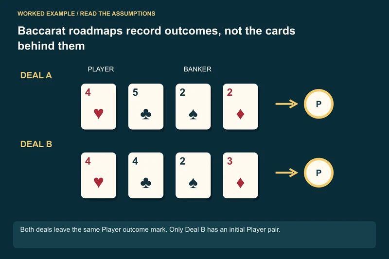Deal A: Player 4+5 beats Banker 2+2 → P; Deal B: Player 4+4 beats Banker 2+3 → P; Same roadmap label: Different cards; only Deal B has a Player pair