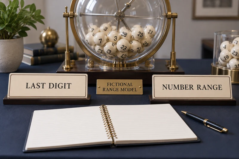 Lottery drum and counting notebook beside LAST DIGIT and NUMBER RANGE plaques