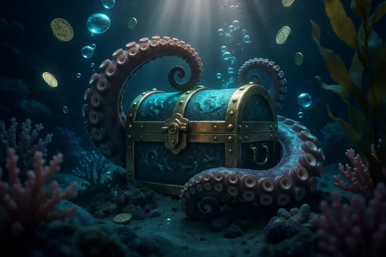 Sunken brass treasure chest on a dark seabed, wrapped by a large ornamental kraken tentacle with glowing bubbles and gold coins.