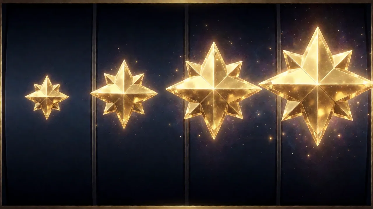 Four glowing golden star crystals of increasing size across four dark reel panels against a starry background
