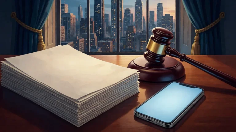 A wooden gavel on a legislative desk beside a tall stack of blank papers and a smartphone with a plain glowing screen, with a city skyline at dusk through the window