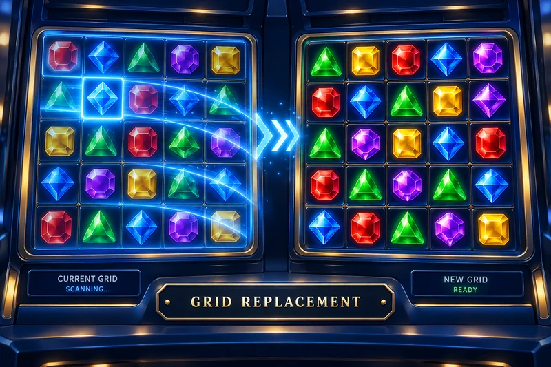 A blue effect sweeps across a generic jewel grid beside a newly arranged board.
